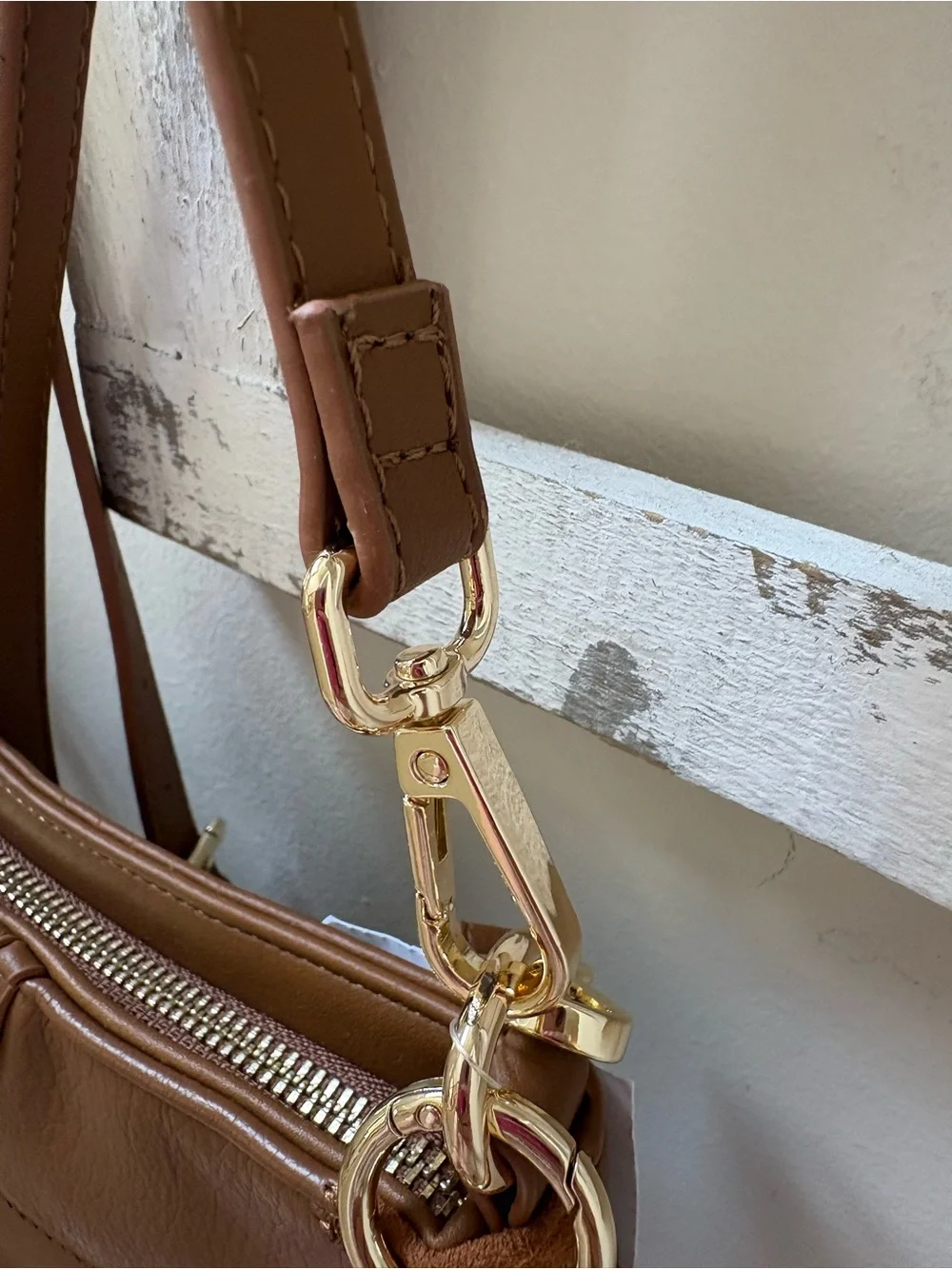 Madden Girl Cognac Patchwork Shoulder Bag with Gold Charm
